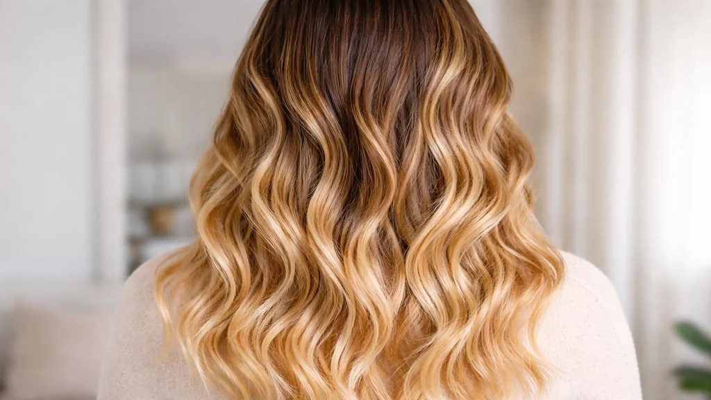Vue arrière de cheveux longs ondulés avec ombré hair brun vers blond doré et dégradé fondu naturel
