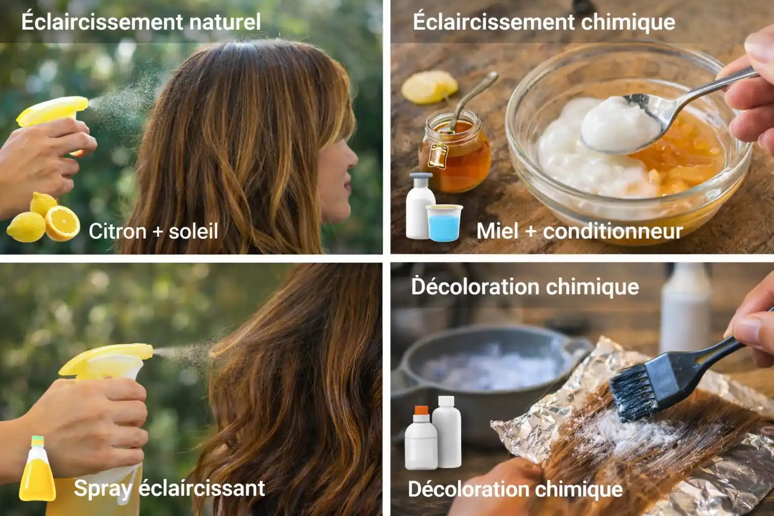Méthodes pour éclaircir les cheveux naturellement ou chimiquement avec citron, miel, spray éclaircissant et décoloration
