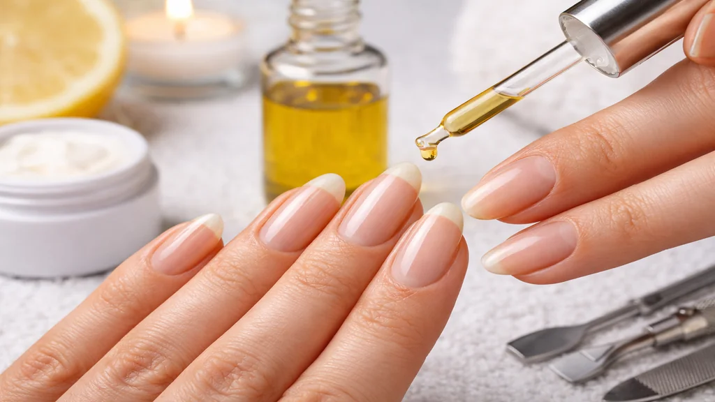 Main féminine avec ongles longs naturels recevant un soin à l’huile pour favoriser la pousse et renforcer les ongles