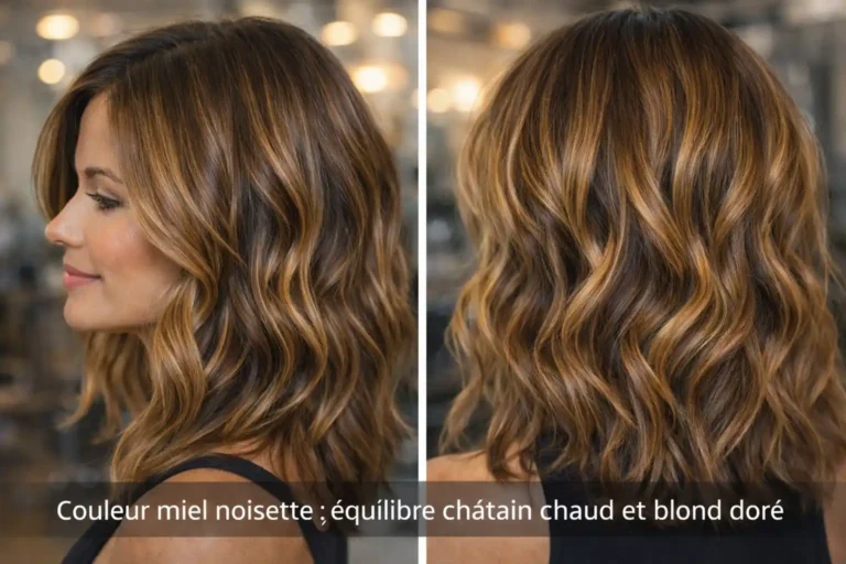 Couleur miel noisette cheveux avec reflets chauds dorés sur base châtain pour un effet naturel et lumineux