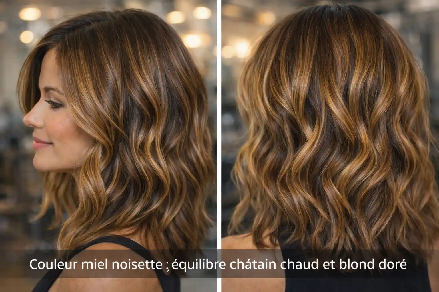Couleur miel noisette cheveux avec reflets chauds dorés sur base châtain pour un effet naturel et lumineux