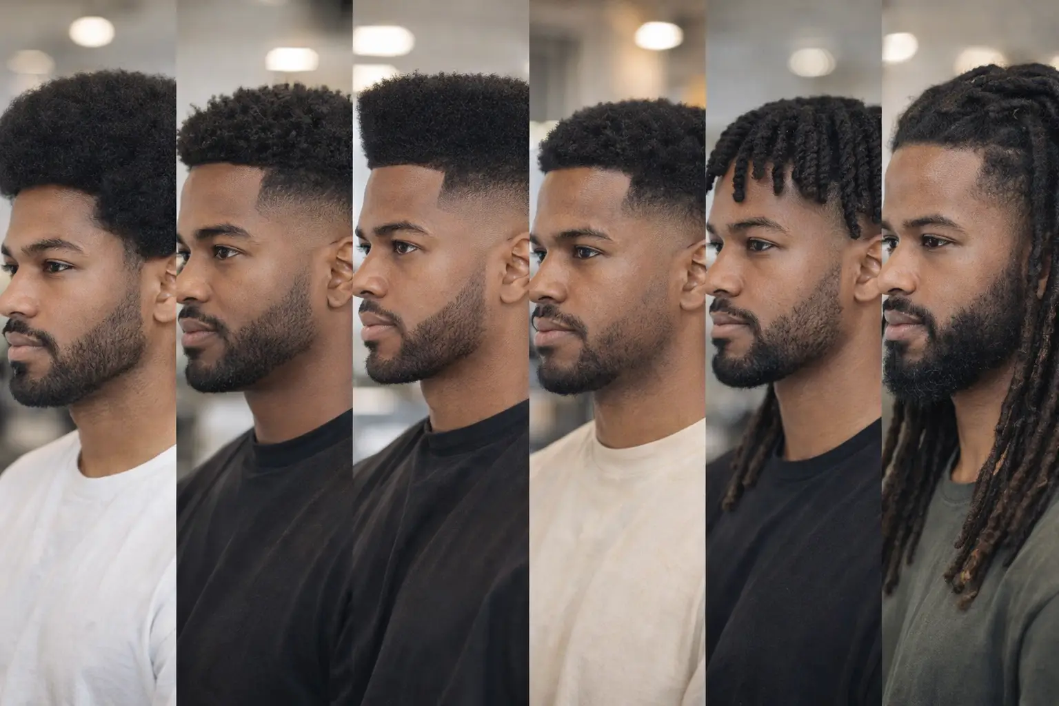 différentes coupes afro homme avec dégradé, afro naturel, twists et dreadlocks en salon, rendu réaliste et moderne