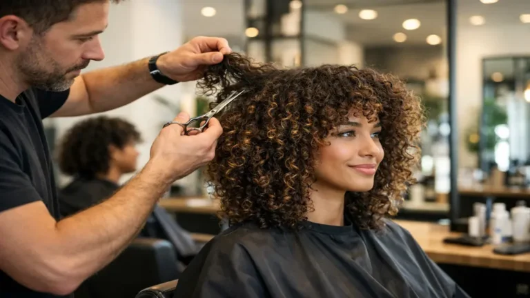 coupe cheveux frisés à sec en salon, coiffeur travaillant des boucles naturelles avec dégradé et volume maîtrisé