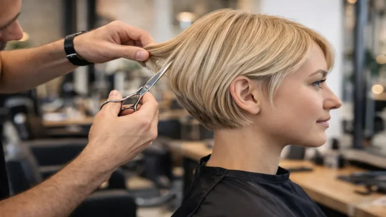 coupe courte cheveux fins en salon, bob structuré donnant du volume et de la densité naturelle