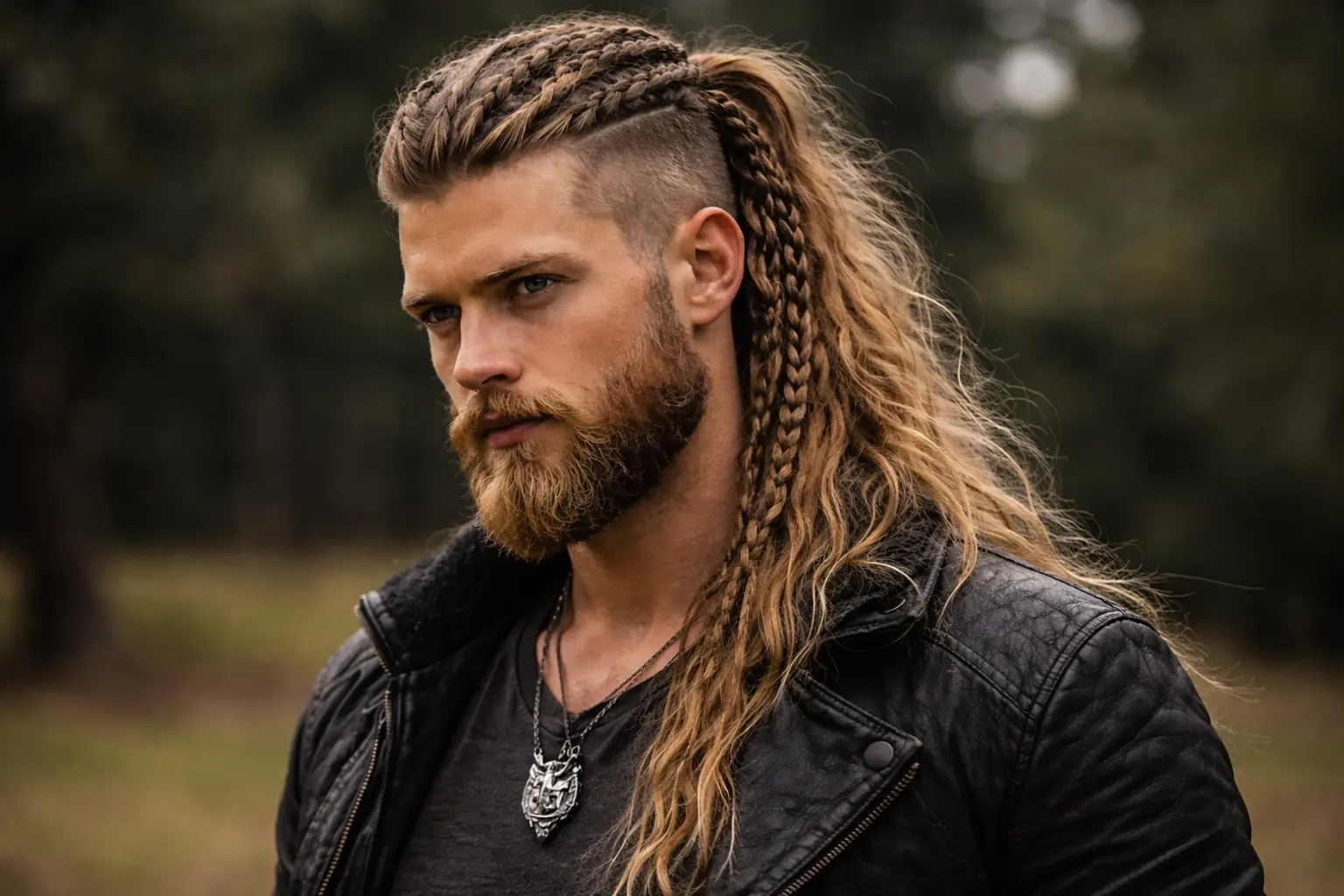 Homme avec coupe viking moderne, undercut rasé, longues tresses et barbe soignée en portrait horizontal