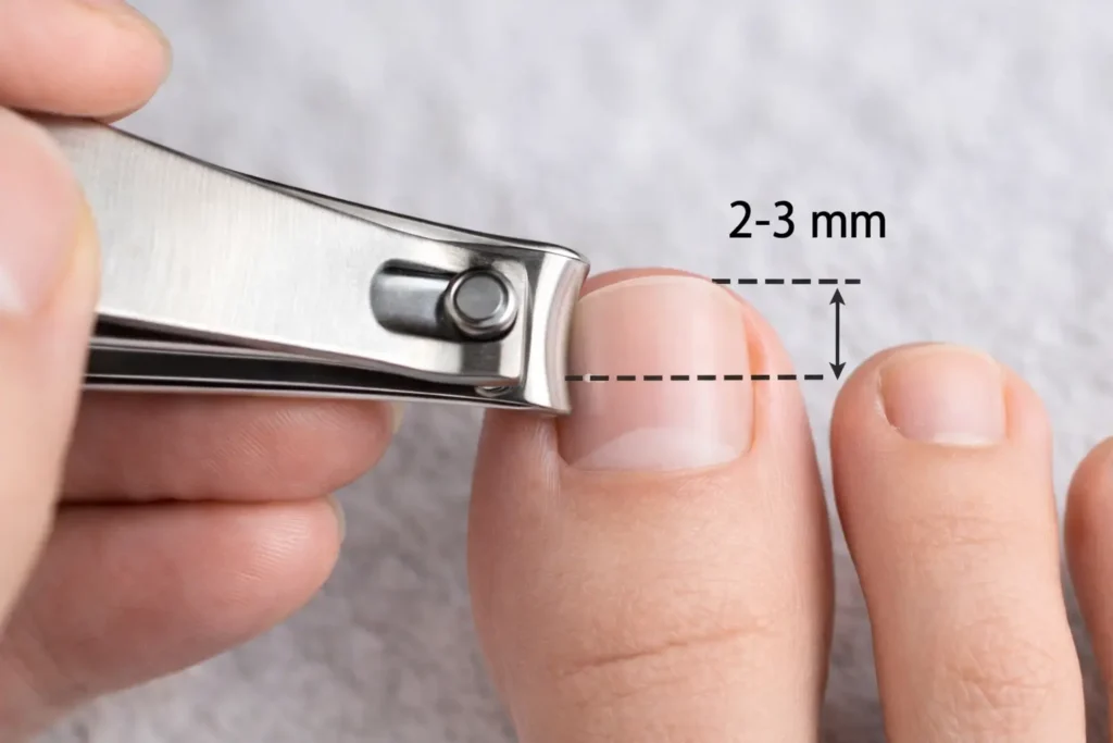 coupe droite des ongles de pieds avec coupe-ongles adapté, gros plan réaliste montrant la bonne longueur pour éviter un ongle incarné