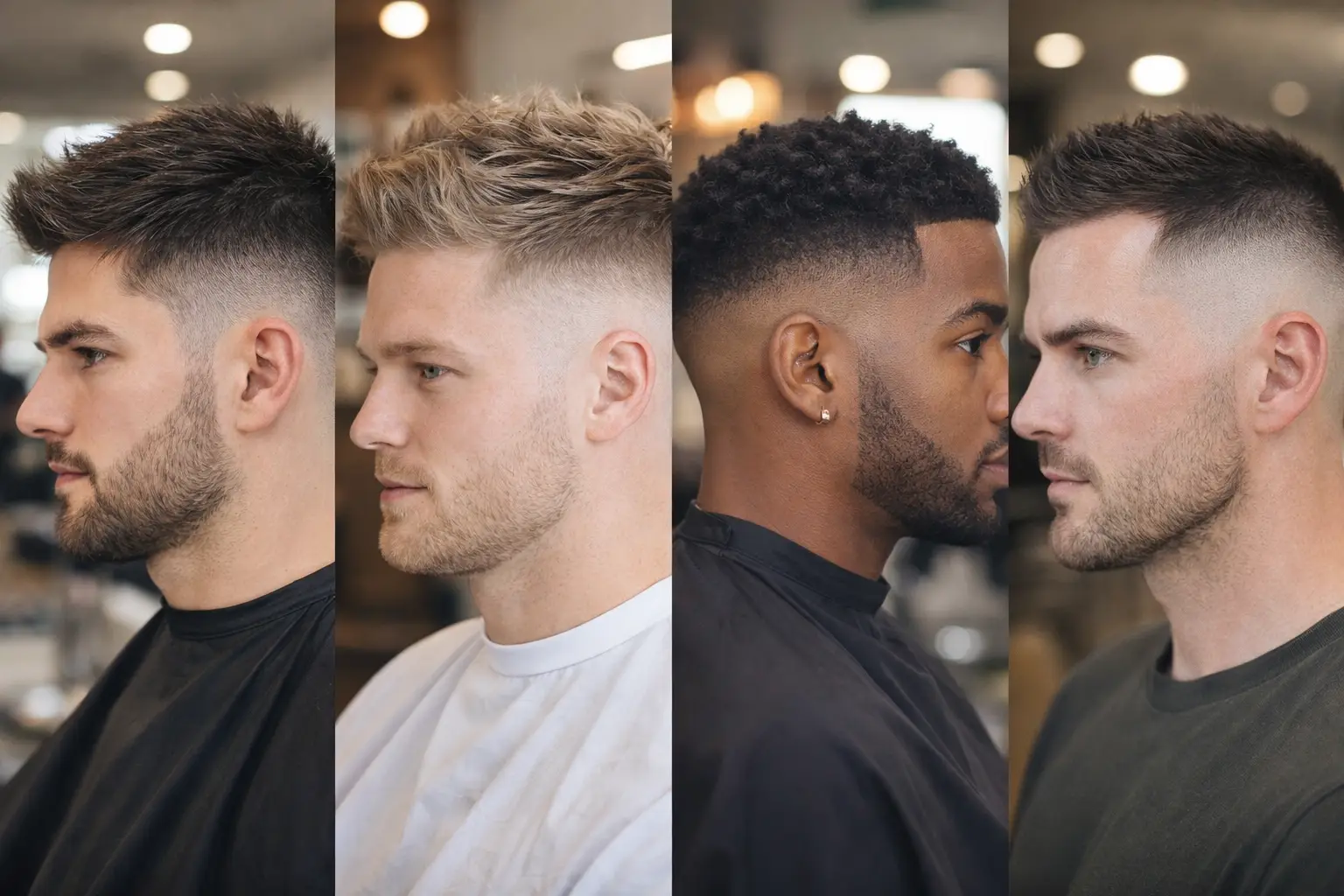 dégradé court homme avec différents types de fade (low, mid, high) en salon, rendu réaliste et moderne
