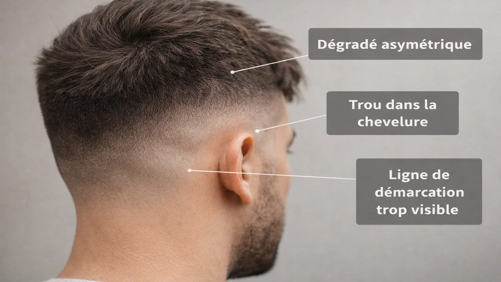 Vue arrière d’un homme avec dégradé raté visible sur les côtés, ligne de démarcation marquée et coupe asymétrique