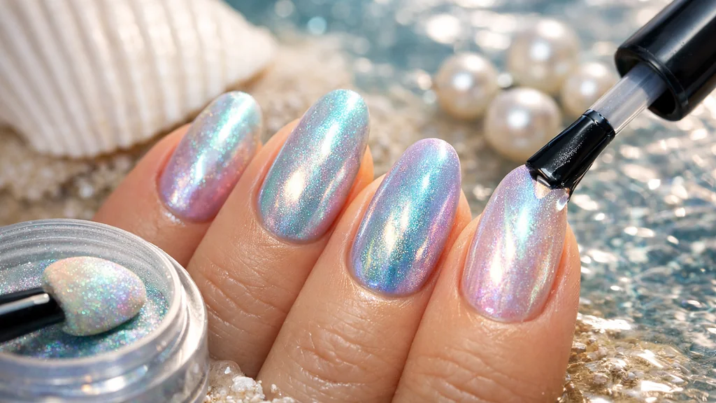 Effet sirène sur les ongles avec reflets irisés nacrés bleu, rose et mauve en gros plan