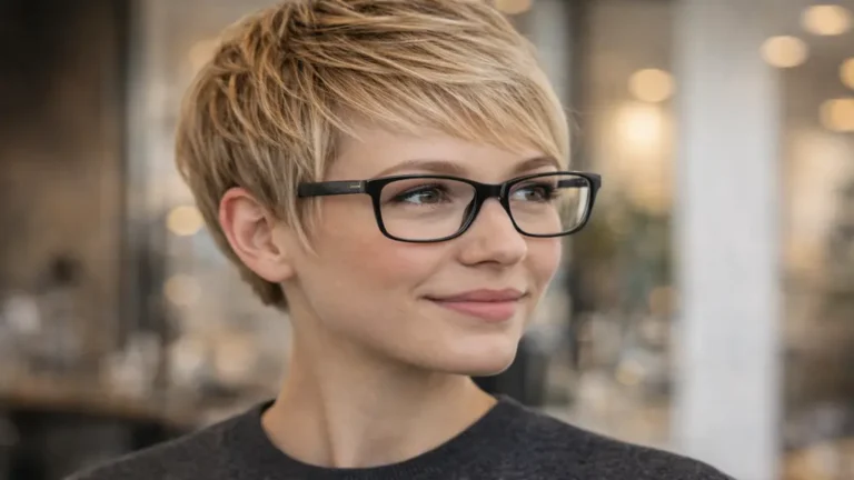 femme coupe courte avec lunettes, pixie texturé moderne mettant en valeur le regard et la monture