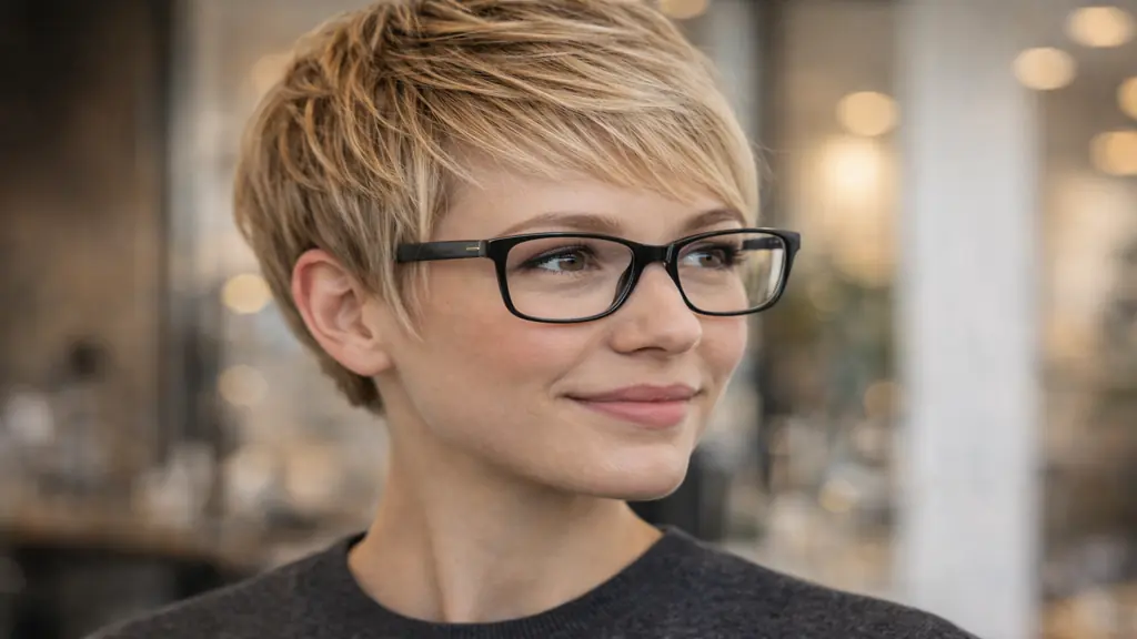 femme coupe courte avec lunettes, pixie texturé moderne mettant en valeur le regard et la monture
