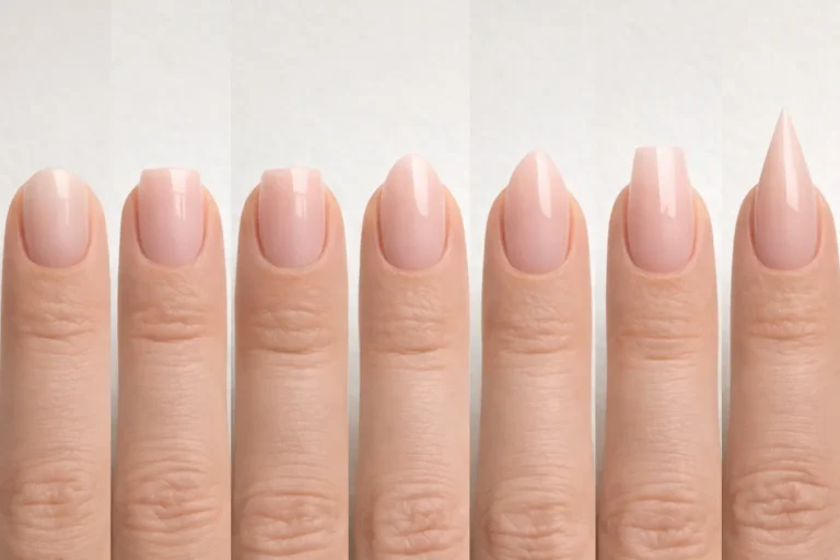 différentes formes d’ongles (rond, carré, squoval, ovale, amande, ballerine, stiletto) sur main en gros plan, rendu réaliste et net