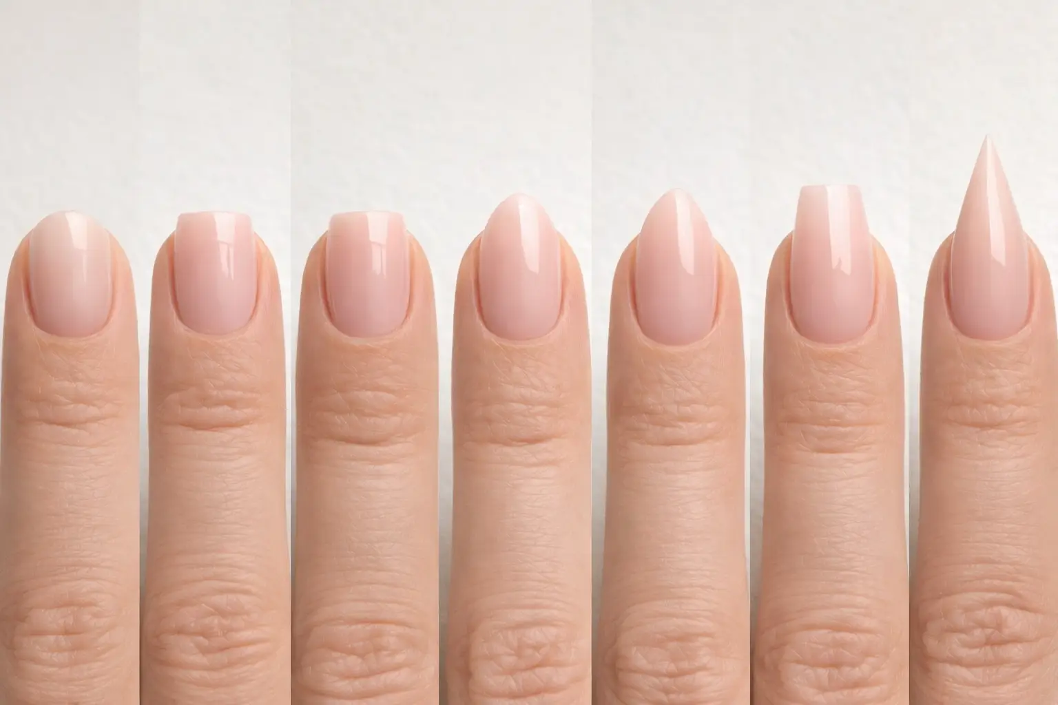 différentes formes d’ongles (rond, carré, squoval, ovale, amande, ballerine, stiletto) sur main en gros plan, rendu réaliste et net