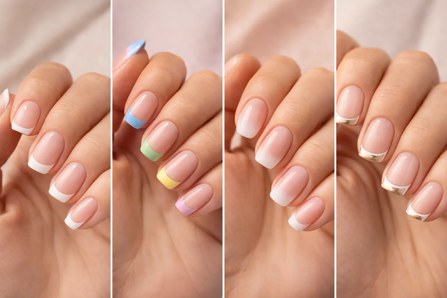 Gros plan sur plusieurs variantes de french manucure moderne avec pointes fines, colorées, dégradées et liseré doré sur ongles nude