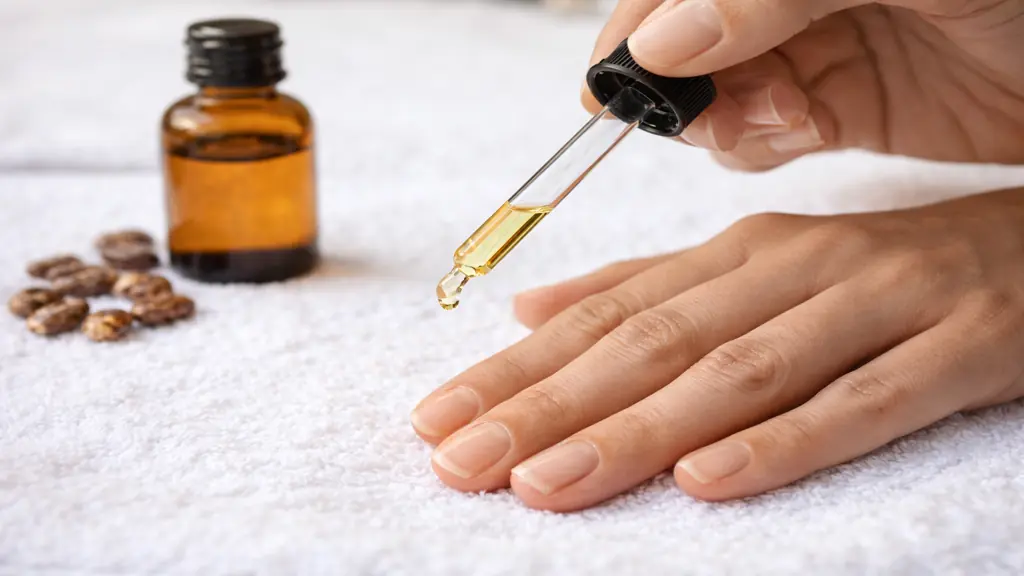 application huile de ricin sur les ongles avec pipette, soin naturel pour fortifier et nourrir les cuticules