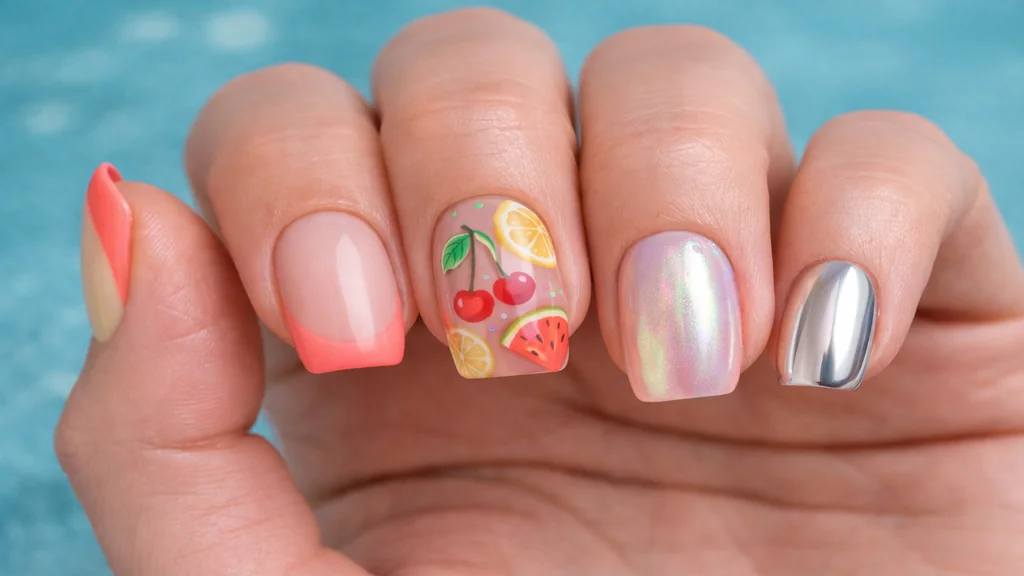 Main féminine avec idées ongles été : french corail, nail art fruits, effet irisé et ongle chrome en gros plan