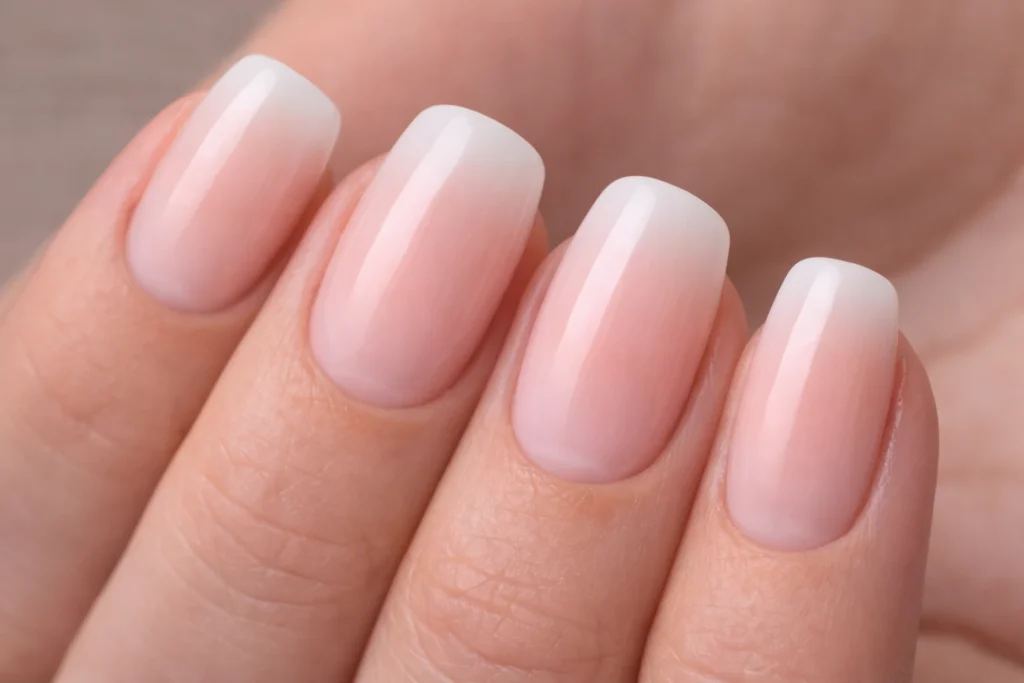Gros plan de ongles avec manucure baby boomer dégradé rose nude et blanc laiteux, finition brillante et naturelle.