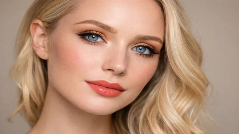 Portrait horizontal d’une femme blonde aux yeux bleus avec maquillage lumineux bronze et lèvres corail