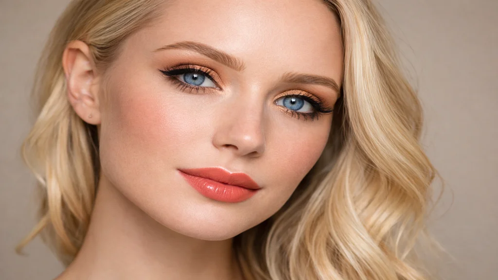 Portrait horizontal d’une femme blonde aux yeux bleus avec maquillage lumineux bronze et lèvres corail