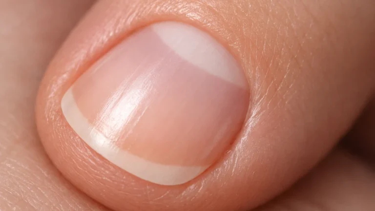 Gros plan réaliste de la base d’un ongle naturel avec lunule visible et cuticule nette, illustrant la matrice de l’ongle.