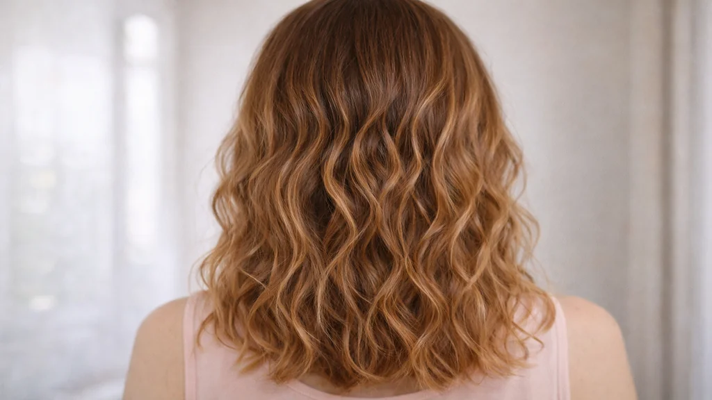 Vue arrière de cheveux mi-longs avec mini-vague souple et ondulations naturelles effet wavy léger