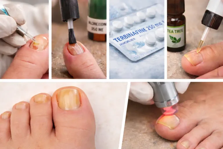 Traitement mycose ongle pied avec vernis antifongique, comprimés, huile tea tree et laser sur ongle infecté