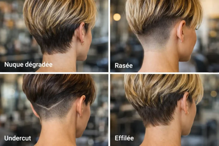 Différents styles de nuque sur coupe courte femme : nuque dégradée, rasée, undercut et effilée en salon de coiffure