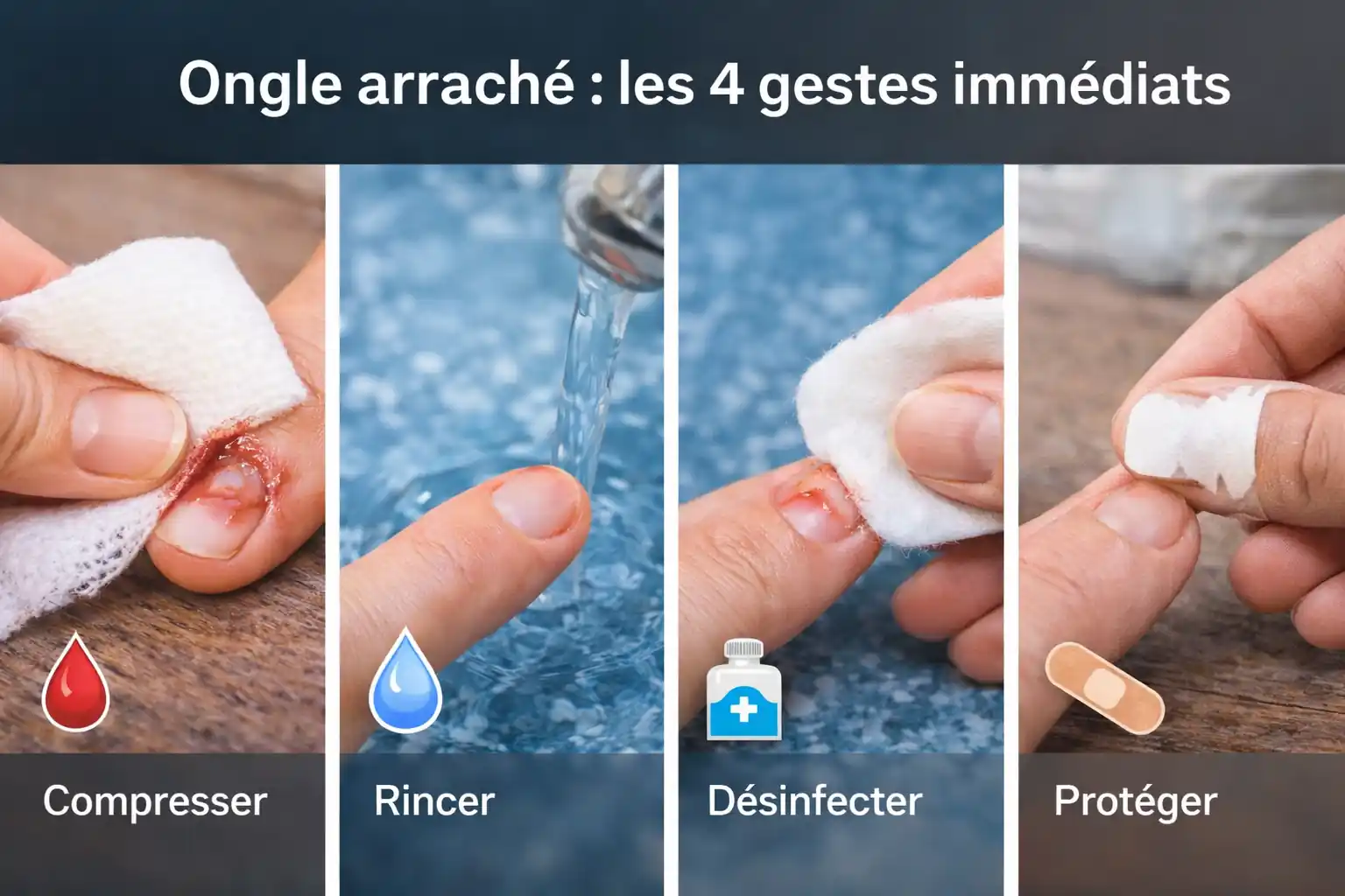 Ongle arraché que faire étapes premiers soins compresser rincer désinfecter protéger doigt blessé