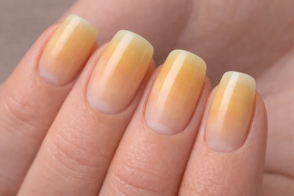 Gros plan de plusieurs ongles jaunis avec coloration progressive vers la pointe, illustrant un ongle jauni à la main
