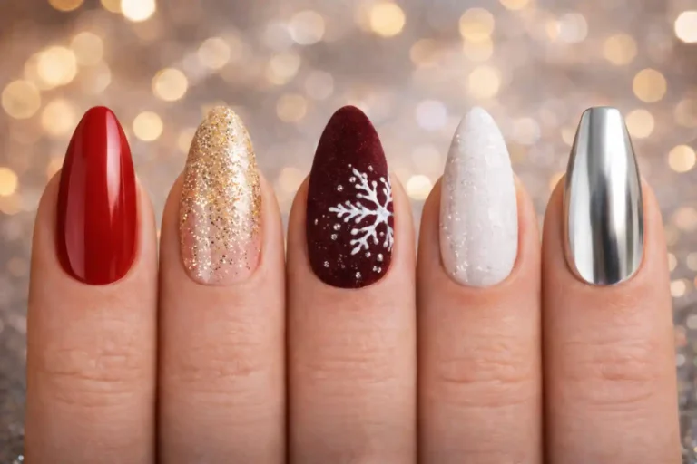 ongles fête rouge bordeaux paillettes doré chrome manucure festive élégante nail art hiver