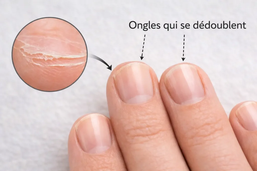 ongles qui se dédoublent en couches sur le bord libre avec aspect sec et fissuré en gros plan réaliste