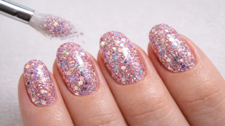 Gros plan sur des ongles recouverts de paillettes roses holographiques avec différentes tailles de glitter et effet brillant