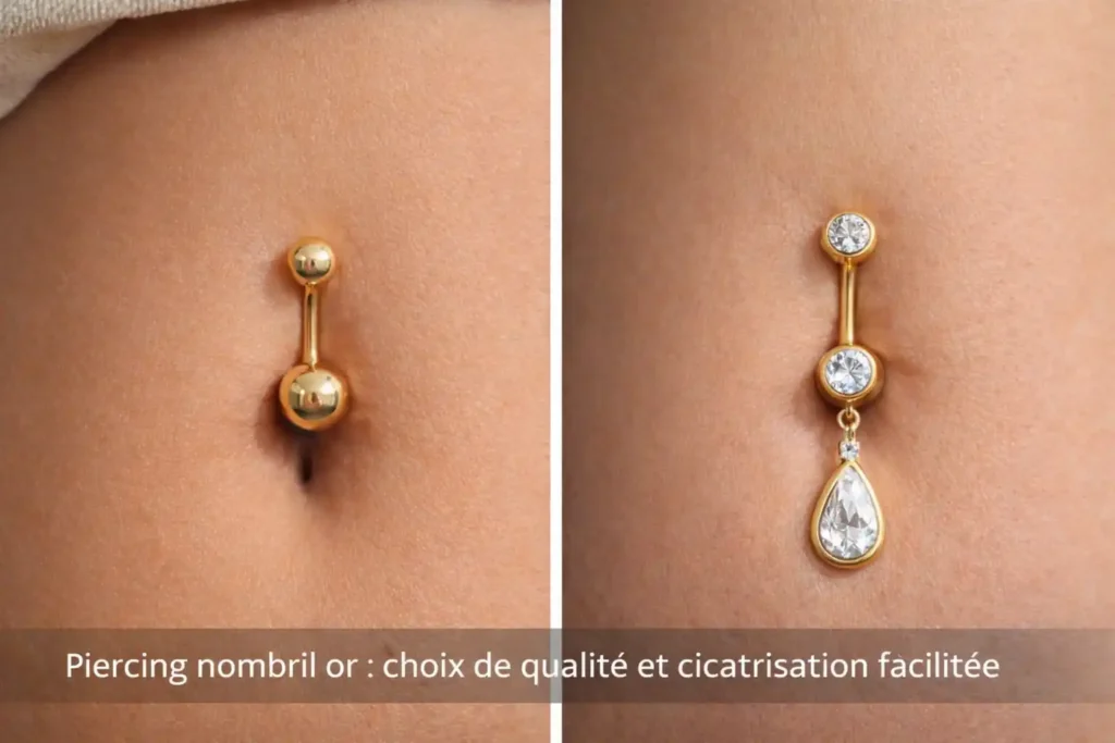 piercing nombril or 14k 18k bijou nombril or femme banane et pendentif cicatrisation peau sensible