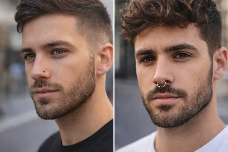 Portrait de deux hommes avec piercing au nez, l’un avec nostril discret et l’autre avec septum, en style moderne et réaliste