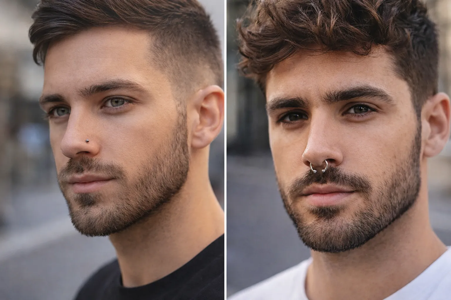 Portrait de deux hommes avec piercing au nez, l’un avec nostril discret et l’autre avec septum, en style moderne et réaliste