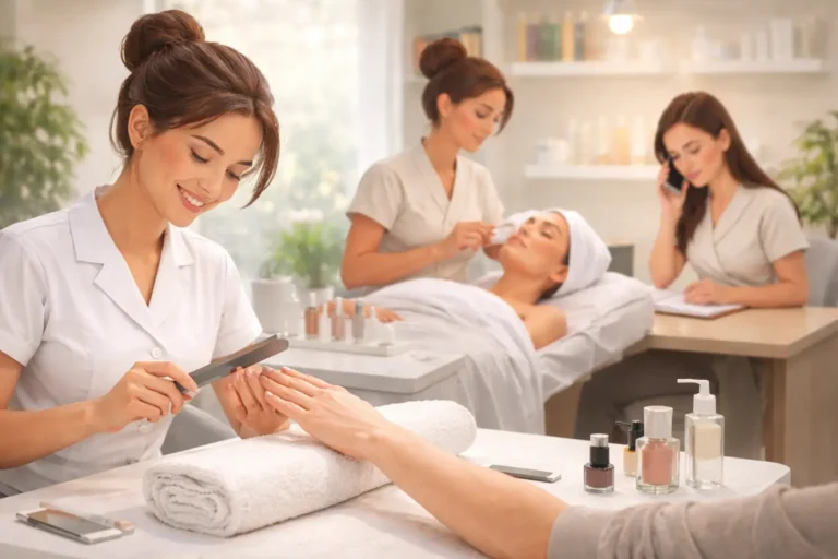 esthéticiennes au travail dans un institut de beauté avec manucure, soin du visage et accueil client, scène réaliste et lumineuse