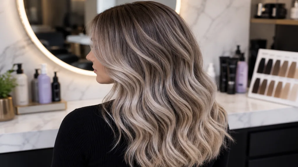 Femme aux cheveux ondulés avec un balayage blond cendré lumineux dans un salon de coiffure moderne.