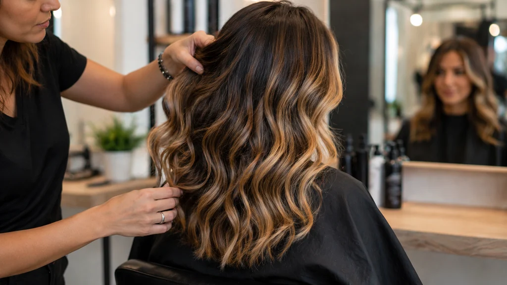 Coiffeuse montrant un balayage blond sur cheveux châtains dans un salon moderne et lumineux.