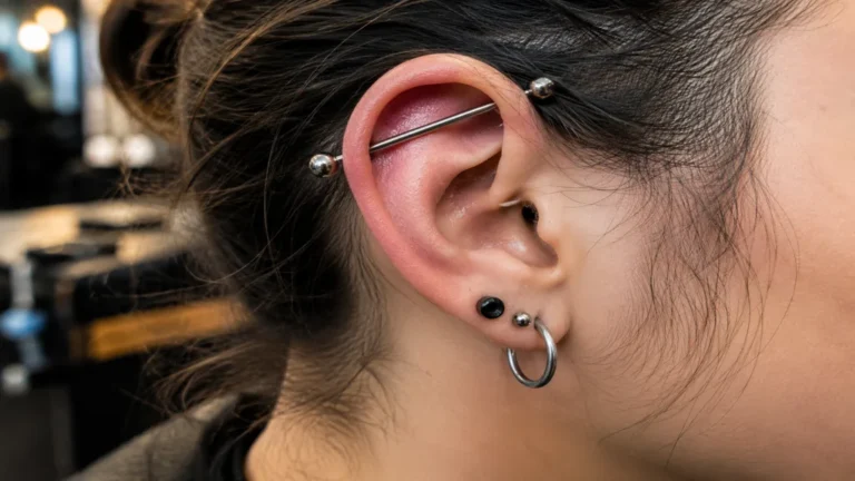 Bijou piercing industriel avec barre droite en métal sur une oreille percée en gros plan réaliste.
