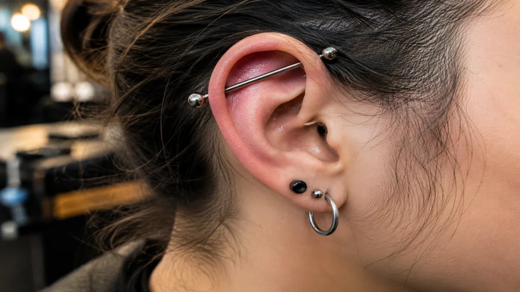 Bijou piercing industriel avec barre droite en métal sur une oreille percée en gros plan réaliste.