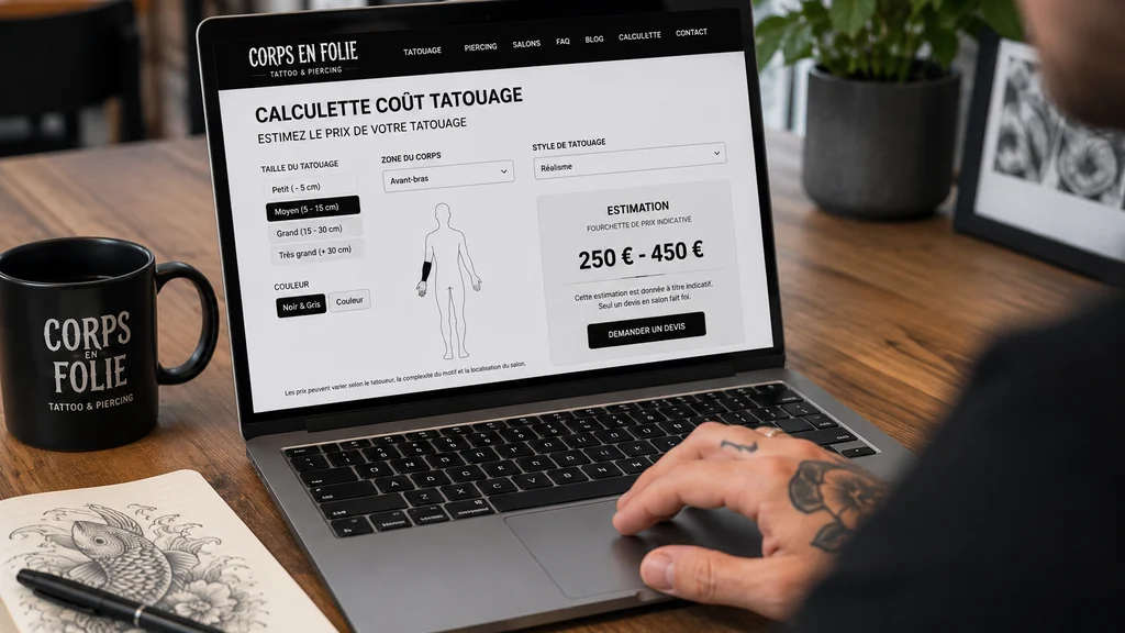 Personne préparant un projet de tatouage sur ordinateur avec un carnet de croquis dans un espace de travail moderne.