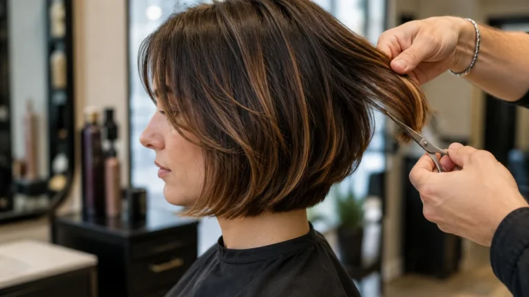 Coiffeur réalisant une coupe carré dégradé sur cheveux bruns dans un salon moderne et lumineux.