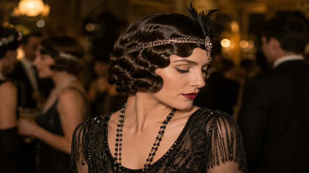 Coiffure années 20 avec cheveux crantés, headband à plume et tenue Charleston lors d’une soirée rétro.