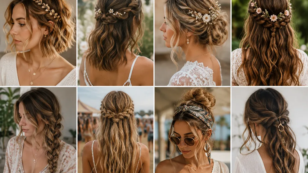 Coiffures bohème chic avec ondulations naturelles, tresses lâches, chignons flous et accessoires floraux.