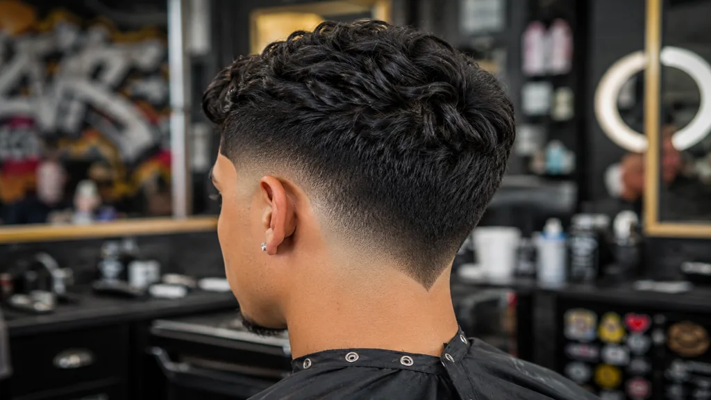 Coiffure cuenta homme avec dégradé en V dans la nuque réalisée dans un barbershop moderne.
