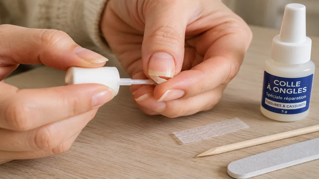 Réparation d’un ongle cassé avec colle à ongles, lime et matériel de manucure sur une table.