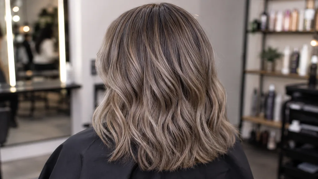 Coloration blond foncé cendré sur cheveux mi-longs ondulés dans un salon de coiffure moderne.