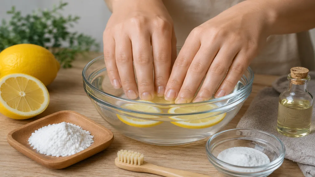 Soin naturel pour blanchir les ongles avec bain au citron, bicarbonate et huile sur une table.