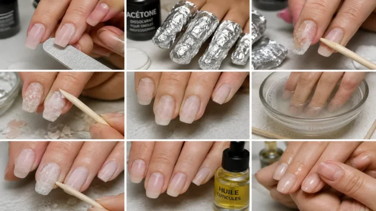 Dépose de faux ongles avec acétone, papier aluminium, bâtonnet en bois et huile pour cuticules.