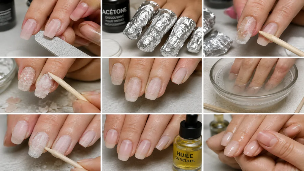 Dépose de faux ongles avec acétone, papier aluminium, bâtonnet en bois et huile pour cuticules.